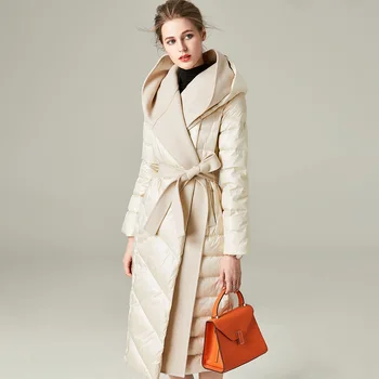 2021 Нови стилове дамски зимни палта на бял утином топола, висококачествени дамски дълги палта, връхни дрехи с качулка от пера, топло S8726