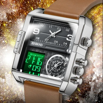 BINBOND Мъжки квадратни кварцови часовници, модни военни спортни светлинен часовник от естествена кожа, водоустойчиви мъжки бизнес часовник с календар