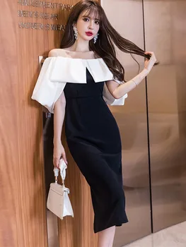 SMTHMA, черно елегантно дамско секси лятна рокля с открити рамене, женски темпераментное винтажное рокля с ръкав-фенерче и висока талия