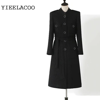 Черна вълнена палто, дълго есенно-зимно дамско палто, бизнес жена цельнокроеное вълнена класическо дамско палто-сако, новост