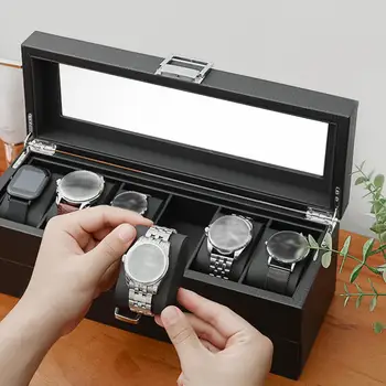 2-Степенна Кутия за Часовници, със стъклен Капак, Метални Панти, Запирающийся Органайзер с 6 слота, Изкуствена Кожа
