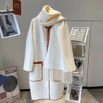 2022 Ново дамско палто, вълнена с огромен подвижен шал, фирмен дизайн, без приятелка, елегантни дамски зимни дълги палта от смес от кашмир