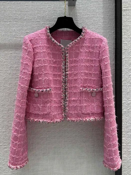 2023 Есен Винтажное сладко корейското кратко однобортное палто Дамско Офис женски Розово твидовое палта Дамски Блузи Abrigos Mujer