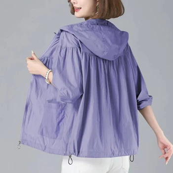 2023 Нова лятна яке, дамски солнцезащитная облекло с качулка, модни и ежедневни тънка ветровка с цип, палта M-4XL
