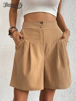 Benuynffy, широки панталони с цвят каки с гънки отпред, женски корейски модни летни къси панталони с джобове, ежедневни свободни шорти с висока еластична талия, женски
