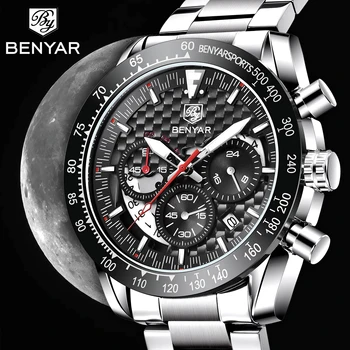 BENYAR 2023 Мъжки луксозни кварцов часовник с хронограф висок клас марка Кожена каишка Военни часовник водоустойчив мъжки спортен часовник Reloj Hombre