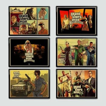 Grand Theft Auto V Game Art ретро Плакат с принтом GTA 5 Стенни картини За хола Реколта декоративни стенни живопис / Изображение
