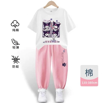 Kawaii Sanrioed аниме Kuromi, летни комплекти детско облекло, спортни дрехи за малките момичета, комплекти дрехи за момчета, Тениски + панталони, 2 бр.
