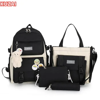 KUZAI, 5 бр./компл., училищен раница за момичета, скъпа чанта с плюшено мече, чанта-молив, дамски училищна чанта, раница за лаптоп за студенти