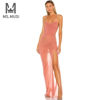 MSMUSI 2023, Ново модно дамско секси рокля на бретелях, окото Гънка, разрез, без ръкави, с отворен гръб, дебнещ вечер клуб Макси рокля, рокля