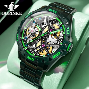 OUPINKE Полноавтоматические механични часовници за мъже, модерен мъжки часовник със сапфир огледало с кухи виртуален скелет, супер голям циферблат, волфрам мъжки часовник