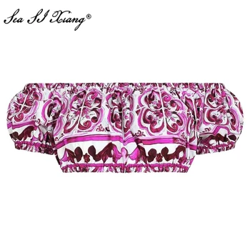 Seasixiang Съкратен топ от 100% памук, лято, пролет, Новият, модерен дизайн, дамски блузи с винтажным розов цветен принтом на Сицилия