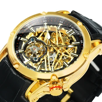 WINNER Военни мъжки часовник Tourbillon Skeleton Спортни Водоустойчив Автоматични механични часовници Луксозна марка с каишка от естествена кожа