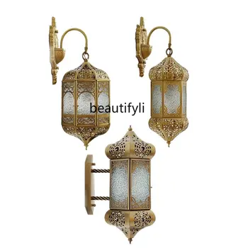 zq Изцяло меден, с монтиран на стената лампа във френски стил ретро, нощна лампа за спални, хол, стенни лампа в тайландски стил