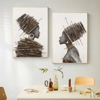 Абстрактни 3D Африка женски портрет живопис върху платно, постери и щампи тъмно кафяв черен момиче стенни картини за декорация