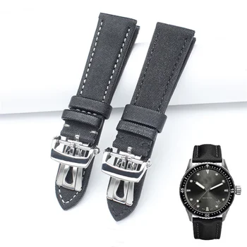 Висококачествен каишка за часовник от естествена кожа с найлонови логото на 23 мм, черен лъскав каишка, подходящ за часа Blancpa FIFTY FATHOMS 50 FATHOMS