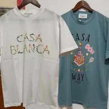 Върхова продуктова версия тениски CASABLANCA с флорални принтом, върхове с писмото принтом, свободна памучен тениска 3XL за мъже и жени