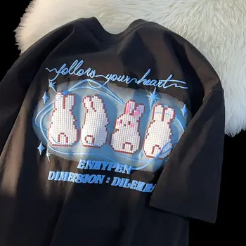 Годишната Реколта тениска с изображение на Заек с Къс ръкав и Принтом За Мъже и Жени, Безгрижен Двойка Топ в стил Хип-хоп, мъжки облекла в стил Харадзюку y2k