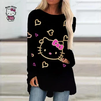 Дамски градинска тениска с изображение на HELLO KITTY, с шарени почивни, празнични дни, с дълъг ръкав, с кръгло деколте, базова, необходима