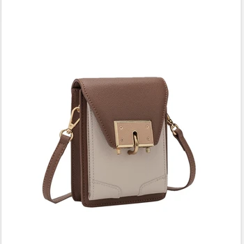 Дамски модни чанти-мини-месинджър от естествена кожа за телефон контрастни цветове, проста малка квадратна метална чанта, мека