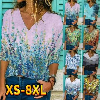 Дамски Потник, Риза, Тениска с Рисувани Цветя, Ежедневни Спортни Активна Градинска Облекло, Блузи С Дълъг Ръкав и V-образно деколте, Basic Essential XS-8XL