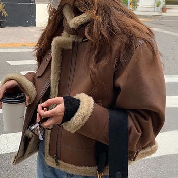 Дамски смесени корея яке от изкуствена кожа, утепленное зимата ежедневното вълнени палта, кожени памук жилетка, връхни дрехи, градинска облекло