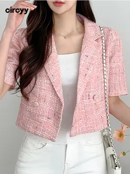 Дамско палто Circyy, двубортный отложной яка, къс ръкав, корейската фондация, луксозен офис дамски ежедневни дамски дрехи 2023, розов