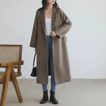 Дамско палто от 100% вълна с Колан, Дизайн с отворени Шевове, Кашемировое палто 2020, Дълга козина, Елегантно зимно топло палто с отложным яка