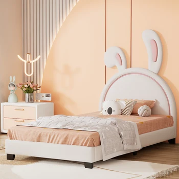 Двойно легло-платформа с кожена тапицерия и орнаменти във формата на зайче, бял