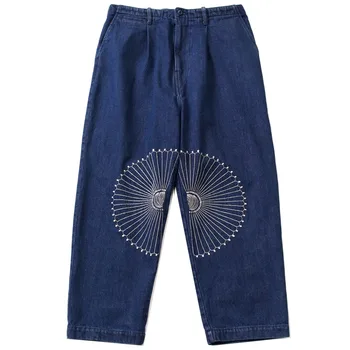 Дънки с бродерия в етнически стил ретро, застиранные дънки, мъжки свободни широки дънкови панталони, градинска дрехи, сини изолирана дънкови панталони