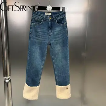 Дънкови панталони GetSpring 2023, пролетни плътни прави дънки с висока талия, свободни дълги сини дънкови панталони, универсални дамски дънки