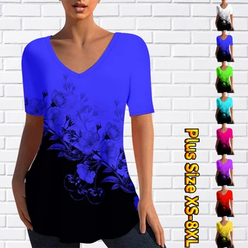 Ежедневни Секси Дълга тениска с V-образно деколте, с Нов Дизайн, Летни Модни Блузи с къс ръкав и Принтом, Дамски Потници, Тениски, Ежедневни Пуловери
