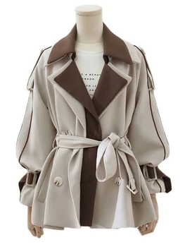 Елегантен женски тренч средна дължина, двубортное класическо палто с отворотами, тънка горна дреха с колан, яке с джоб