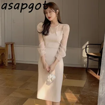 Елегантен и лек корейското луксозно пролетта приталенное сетчатое рокля трапецовидна форма, с кръгло деколте и пищните ръкави в стил мозайка, женски офис рокля с цепка отзад
