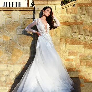 Елегантно дамско сватбена рокля трапецовидна форма от тюл JEHETH с дълбоко V-образно деколте в стил бохо, дълги ръкави, дантелени апликации, иллюзионное рокля на булката с влак