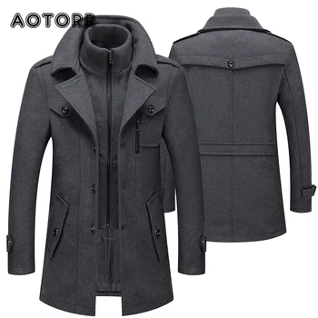 Есенно-зимни мъжки вълнени тренчи, модерно яке със средна дължина, мъжко палто с цип с двоен яка, ветровка, вълна палто 4XL