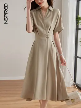 Жена просто рокля-риза с V-образно деколте за крайградски пътувания, Лятна мода 2023, яка-поло, рокли миди с къс ръкав за жени, офис рокля