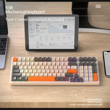 Жичен детска клавиатура K98 Type-C с RGB подсветка, механична клавиатура с гореща замяна, клавиатура със защита от отблясъците, троен режим за PC геймърите