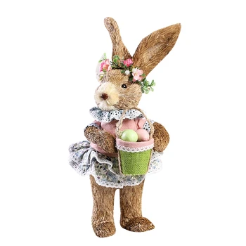 за творчески декорация на Великденски заек Ръчно изработени от изкуствена слама Сладък заек с корзинкой за яйца, поставка за кукла, домашен градина