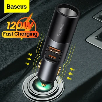 Зарядно за кола Baseus 120 W, бързо зареждане на QC 4,0 3,0, двоен адаптер за зарядно устройство USB Type C за iPhone, Samsung, Huawei