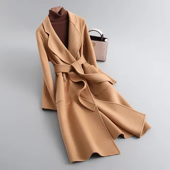 Зима и есен женско класическо двустранно кашемировое палто, вълнена женска мека удобна риза, горна дреха, вълнена палто с колан S3652
