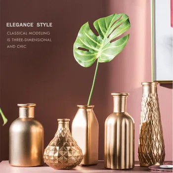 Златна стъклена ваза, началната ваза за цветя, европейският стая декор, модерни декорации за контейнери за растения хидропонно, Macetas минималистичен декор