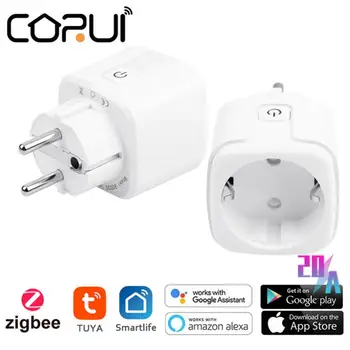 Интелигентно гнездо CORUI 20A Sasha ZigBee EU Smart Plug с енергиен монитор, приложение Smart Life, дистанционно управление, Работа с Алекса Google Home