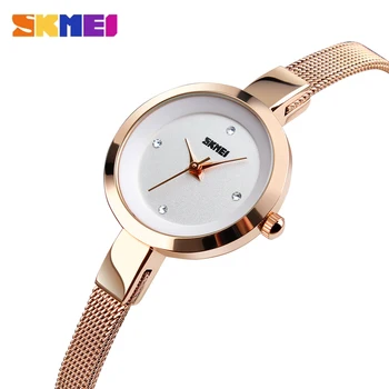 Класически дамски кварцов часовник SKMEI, луксозни тънки водоустойчивост на часовника от неръждаема стомана, дамски ръчни часовници с творчески циферблат