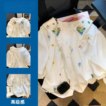 Красиви дамски Ризи с бродерия Годишният Нов Дизайн 2023 Бяла елегантен дамски връхни Облекла с пищни ръкави на Блузи