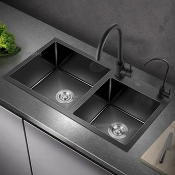 Кухненска мивка от Черна мивка от неръждаема стомана Nano 304 за миене на съдове Двойни кухненски мивки Домакинство кухненски принадлежности