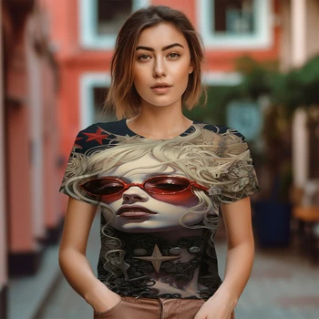 Лятна дамска тениска с кръгло деколте за улично почивка, висококачествени тениски с 3D портрет принтом, Новата Модерна тениска Голям размер