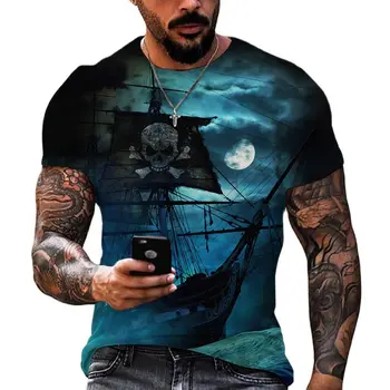 Лятна мъжка тениска в Ретро стил с 3D принтом Лодки, Тениска с кръгло деколте и къс ръкав, Модни Свободна Дишаща тениска Оверсайз, Мъжки дрехи