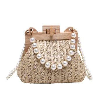 Мода на плетени сламена чанта през рамо за жени 2023, лятна дървена чанта със скоба за горната химикалки, Луксозни Дизайнерски чанти, тенденция женствена чанта