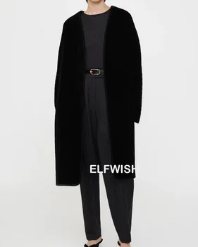 Модерен е черно стеганое бархатное палто 2022FW с V-образно деколте, заниженными рамене, отворени предни странични джобове, Тренч